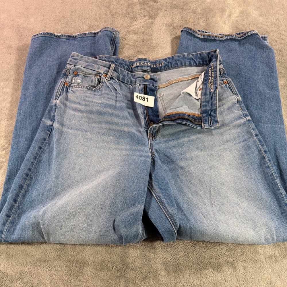 American Eagle Jeans Womens 16 Long Blue Curvy Super High Rise Baggy Straight